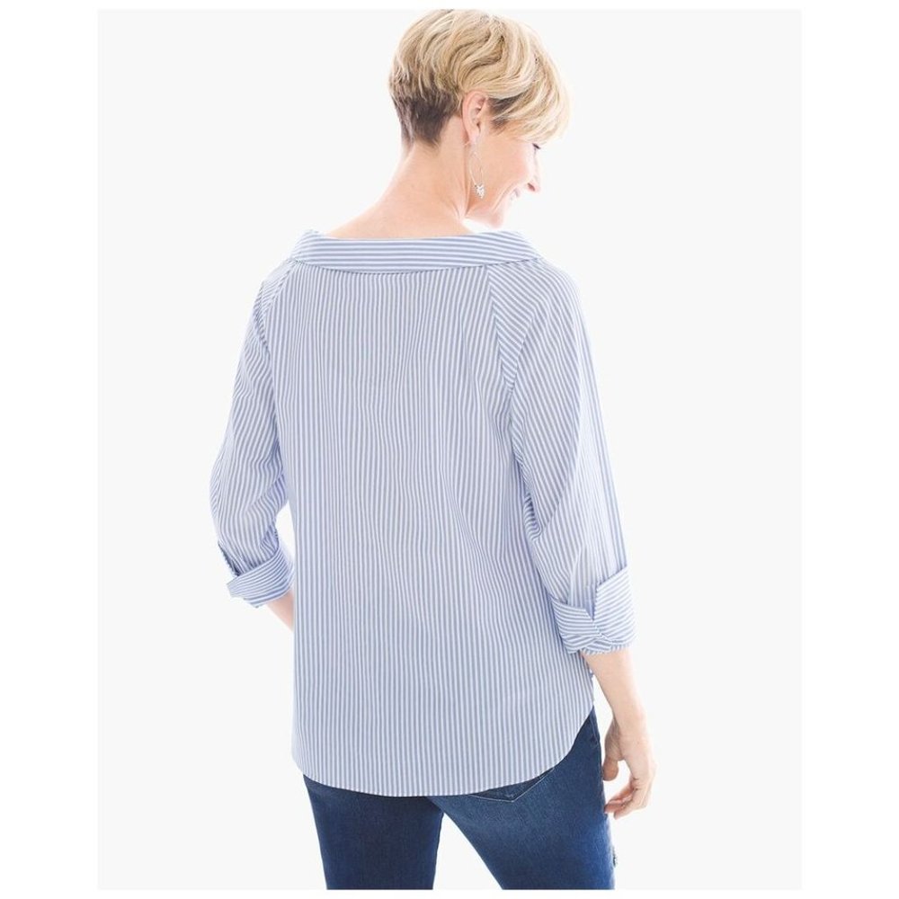 CHICO'S Panama Striped Portrait Shirt Blue White sz S/4 Women's Casual Top - Picture 2 of 14